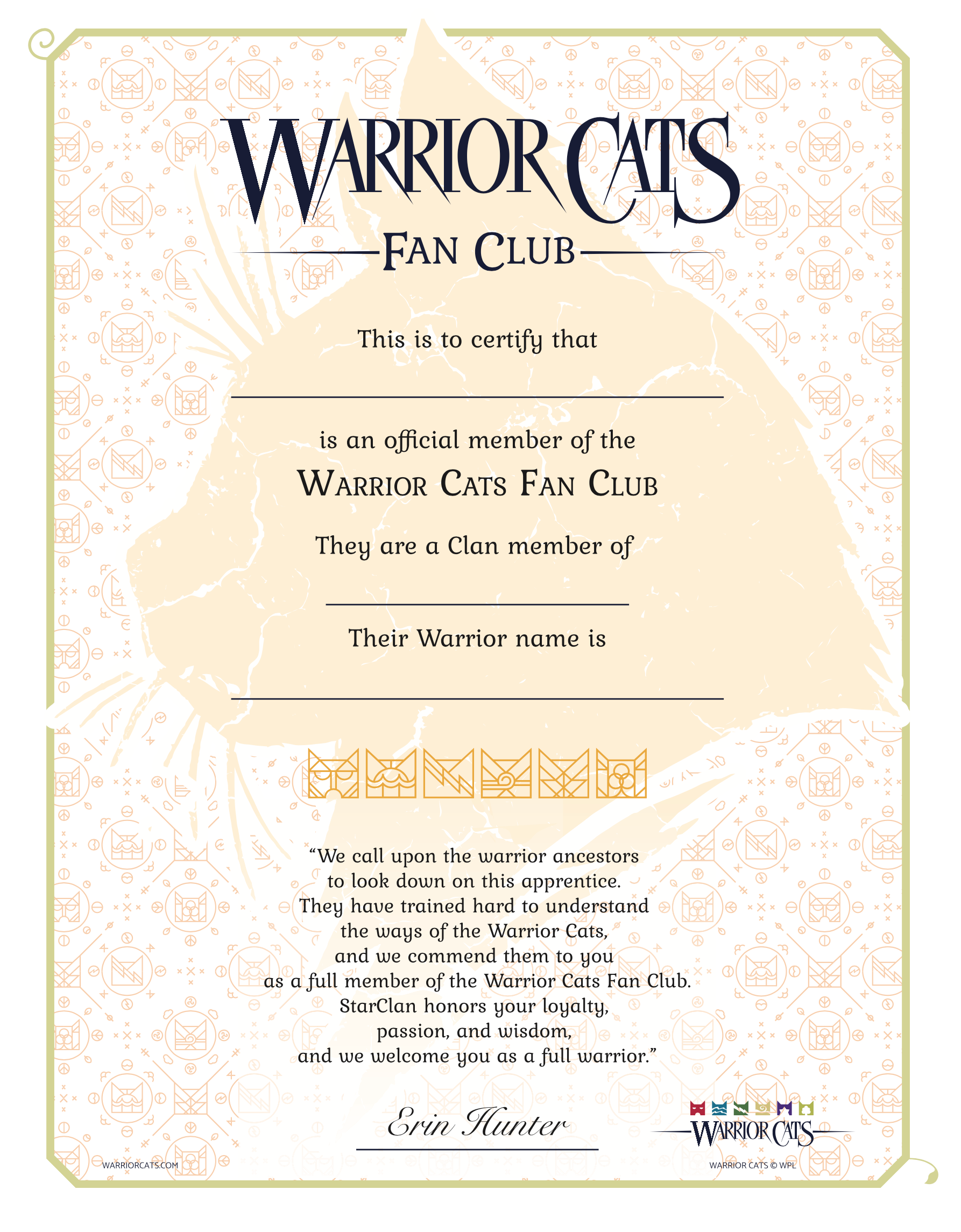Warrior Cats Fan Club Certificate Warriors Cats Store - USA